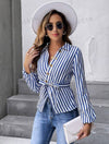 Striped Print Lantern Sleeve Belted Shirt