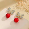 Bowknot With Beaded & Rhinestone Stud Earrings, Christmas Fashion Women's Earrings