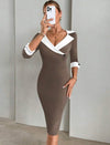 Color Block Bodycon Dress With Sharp Angle Lapel Collar