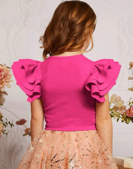 Kids CHARMNG Young Girl Solid Color Round Neck Casual Top With Ruffled Cap Sleeves