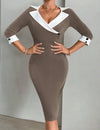 Color Block Bodycon Dress With Sharp Angle Lapel Collar