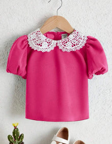  Kids Nujoom Toddler Girls Contrast Guipure Lace Peter Pan Collar Puff Sleeve Blouse