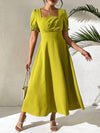 Green Square Neck Short Puff Sleeve Long Elegant Vacation Dress