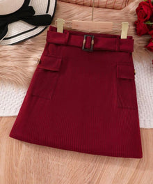  Tween Girl Solid Flap Pocket Belted Cargo Skirt