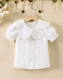  Kids EVRYDAY Young Girl White Elegant And Romantic Plain Shirt With Peter Pan Collar And Princess Sleeves For Summer