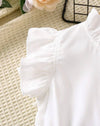 Young Girl White Solid Color Elegant Simple Fashionable Dress With Peter Pan Collar And Ruffled Sleeves For Summer