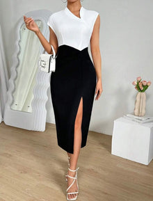  Asymmetric Collar Contrast Color High Split Hem Dress