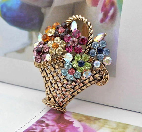Vintage look gold plated basket flowers brooch suit coat broach pin collar