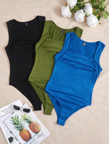  3pcs Solid Ruched Front Bodysuit