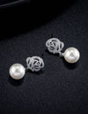 2pcs Elegant Fashionable Earrings With Roses, Pearls, Cubic Zirconia, Perfect For Women's Parties