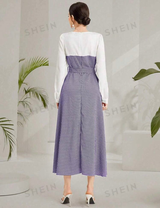 Spring/Summer Elegant Long Sleeve Long Checkered Dress With Round Neck