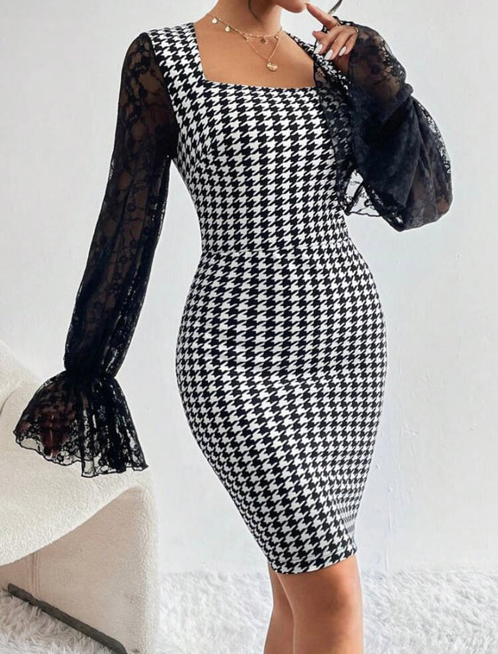 Houndstooth Print Flare Sleeve Square Neck Bodycon Dress