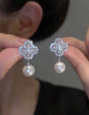 2pcs New Clover Cubic Zirconia Faux Pearl Earrings, Fashionable And Elegant Ear Jewelry