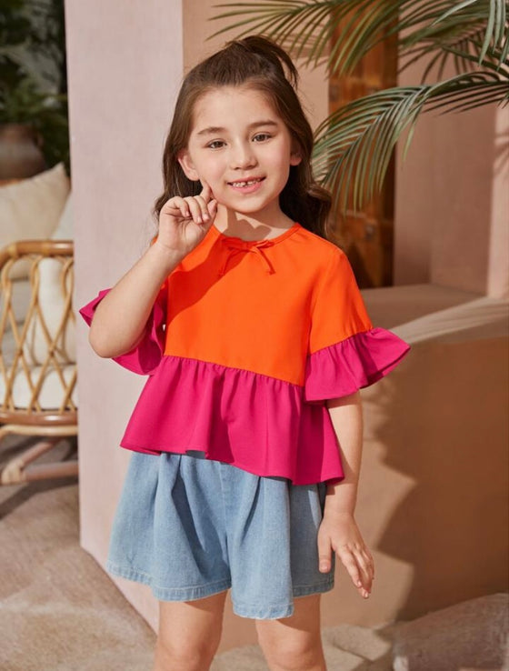 Kids SUNSHNE Toddler Girls 1pc Colorblock Flounce Sleeve Peplum Blouse