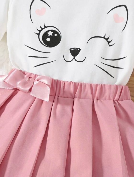 Kids QTFun Young Girl Cartoon Graphic Tee & Pleated Skirt