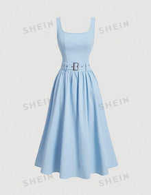  Blue Sleeveless Low-Waist Ruffle Romantic Vintage Casual Women Summer Dress Blue Dress Summer Maxi Dress