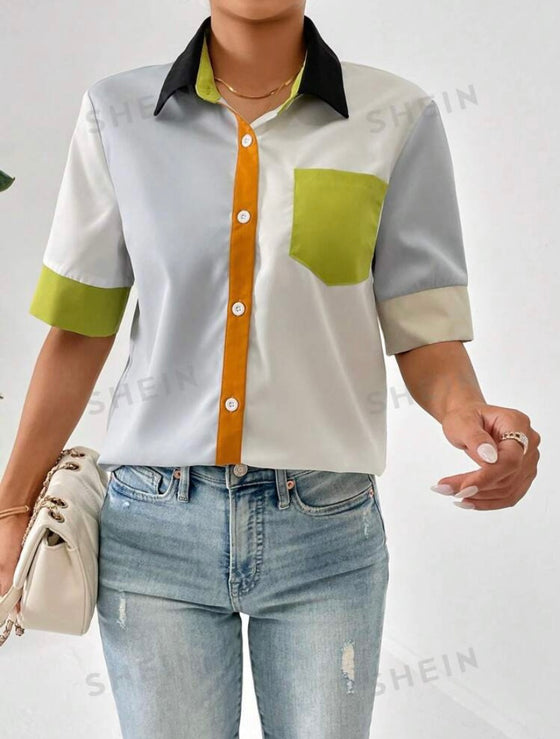 Colorblock Patched Pocket Shirt