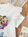 Kids FANZEY Girls' Round Neck Short Sleeve T-Shirt With Ruffle Details, Character Print And 3d Bow Decoration