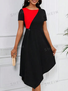  Color Block Asymmetrical Hem Dress