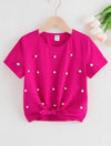 Kids EVRYDAY Tween Girls' Casual And Sweet Round Neck Pearl Embellished Twisted Short Sleeve T-Shirt