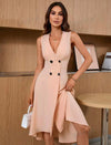 Solid Color V-Neck Sleeveless Double-Breasted Summer Elegant Dress