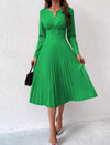 Solid Color V-Neck Dress With Flared Hem And Pleats