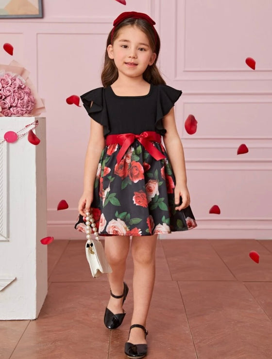 Toddler Girls 1pc Floral Print Ruffle Trim Belted Dress