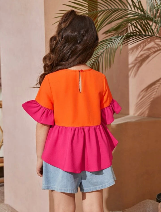 Kids SUNSHNE Toddler Girls 1pc Colorblock Flounce Sleeve Peplum Blouse