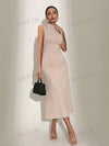 Women's Solid Color Stand Collar Pleated Sleeveless Dress