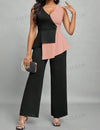 Asymmetrical Hem V-Neck Sleeveless Top And Pants Colorblock Outfit For Daily Wear And Commute, 2pcs/Set