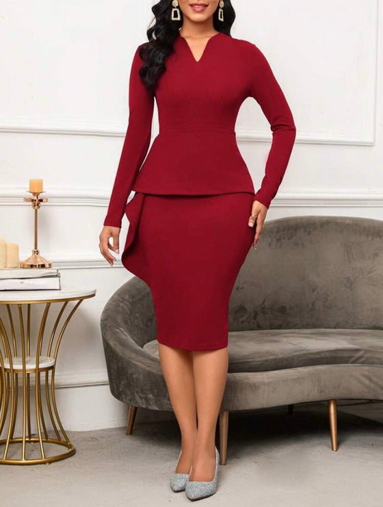 Solid Color Notched Neckline Elegant Dress