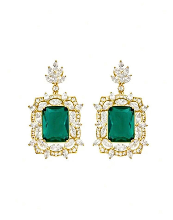 1pair Glamorous Green Cubic Zirconia & Rhinestone Decor Drop Earrings