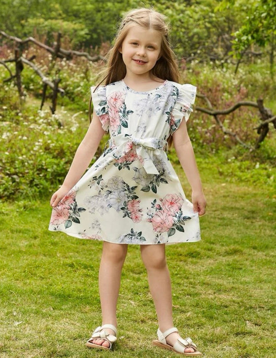 GIRLS Kids SUNSHNE Toddler Girls Floral Print Ruffle Trim Belted Dress