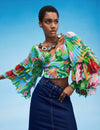 Tropical Print Lettuce Trim Layered Sleeve Crop Top