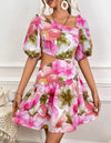 Floral Print Cut Out Waist Puff Sleeve Ruffle Hem Dress