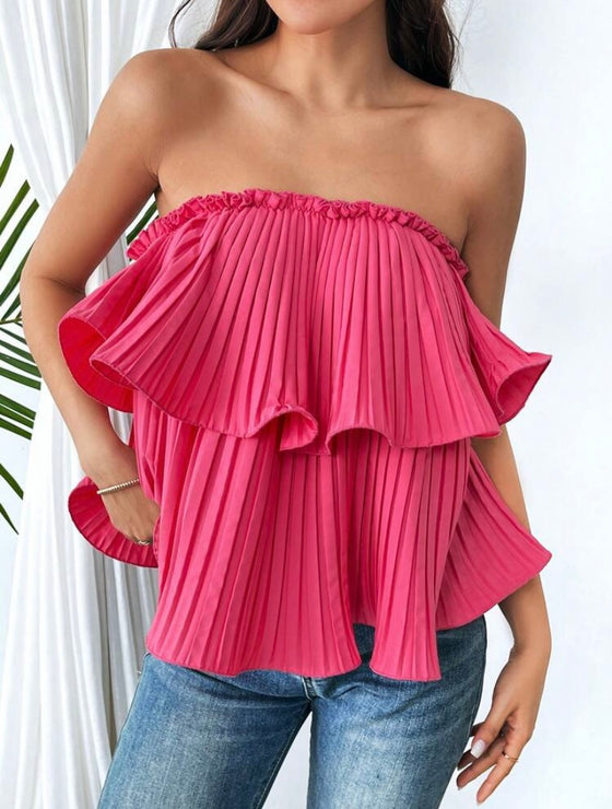 Rose-Carmine Versatile To Multiple Outfits Women's Off-Shoulder Pleated Blouse