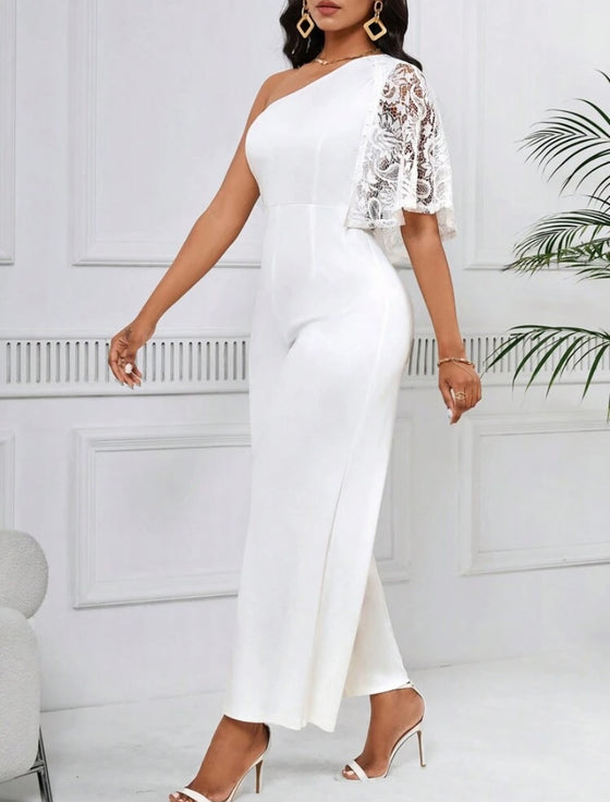 Lady Lace Patchwork One Shoulder Straight Jumpsuit