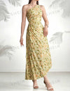 Asymmetric Neckline Floral Printed Pleated Sleeveless Summer Dress
