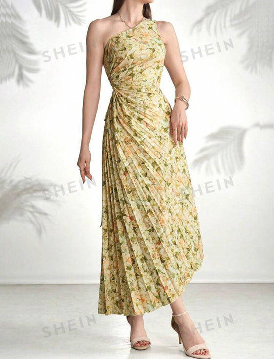 Asymmetric Neckline Floral Printed Pleated Sleeveless Summer Dress