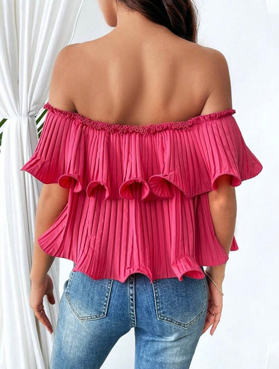 Rose-Carmine Versatile To Multiple Outfits Women's Off-Shoulder Pleated Blouse