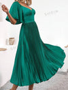 V-Neck Waist Cinched Elegant Ruffle Short Sleeve Pleated Dress