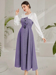  Spring/Summer Elegant Long Sleeve Long Checkered Dress With Round Neck