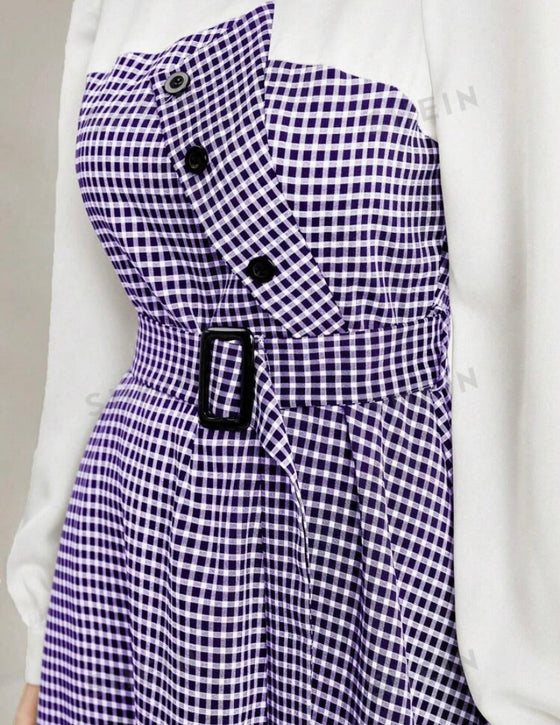 Spring/Summer Elegant Long Sleeve Long Checkered Dress With Round Neck