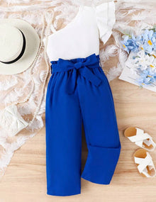  Young Girl One Shoulder Ruffle Trim Top & Paperbag Waist Pants