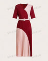 Color Block Belted Pleated Dress