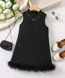  Kids FANZEY Young Girl Fuzzy Trim Tank Dress