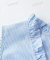 Blue & White Striped Flounce Hem Woven Casual Dress, V-Neck, Summer