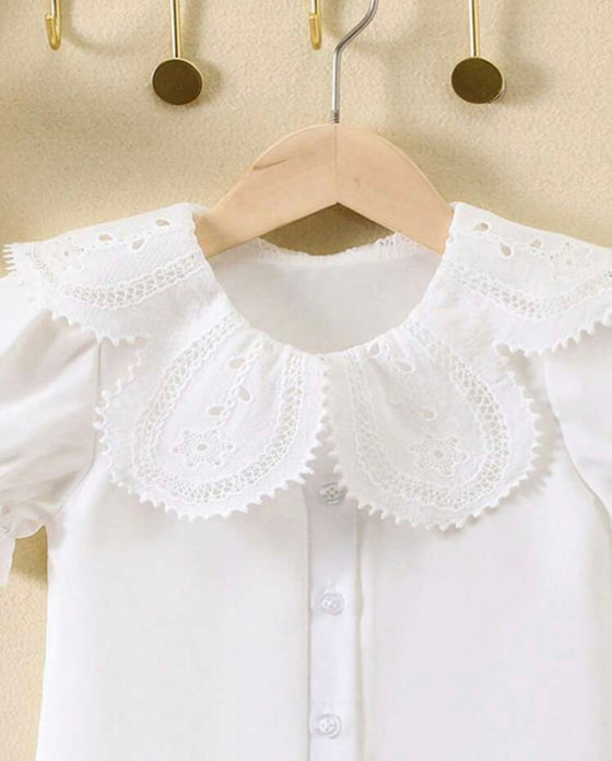 Kids EVRYDAY Young Girl White Elegant And Romantic Plain Shirt With Peter Pan Collar And Princess Sleeves For Summer