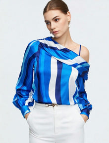  Striped Print Asymmetrical Neck Blouse