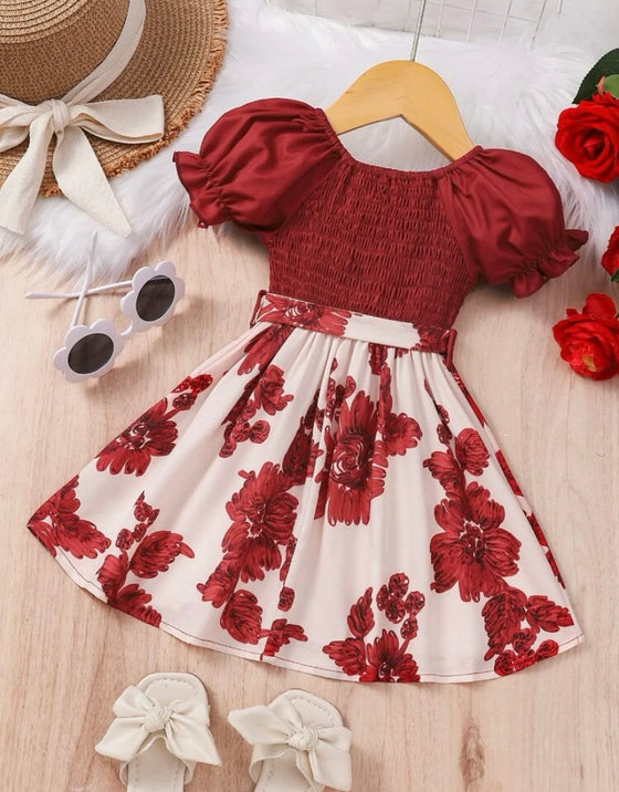 GIRLS Baby Floral Print Shirred Puff Sleeve Belted Dress